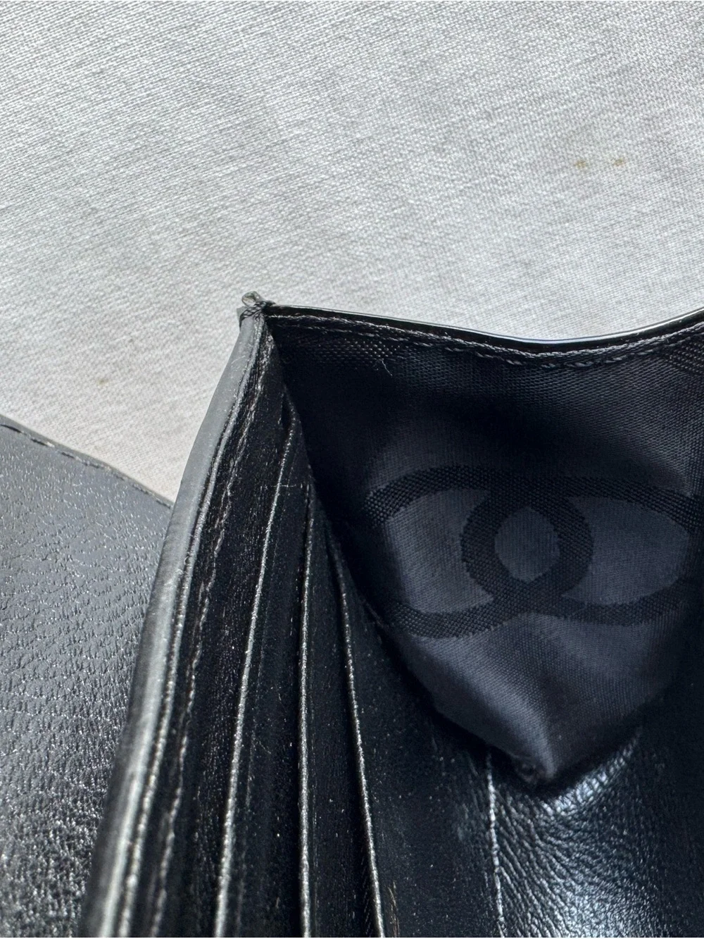 Black Patent Leather Wristlet Clutch with White CC Emblem